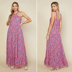 Skies Are Blue Women’s Small Bohemian Floral Crossed Neck Maxi Dress